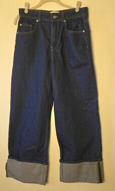 BDG Urban Outfitters Thea Cuffed Wide Leg Jeans Dark Rinse Blue Rigid Cotton 28